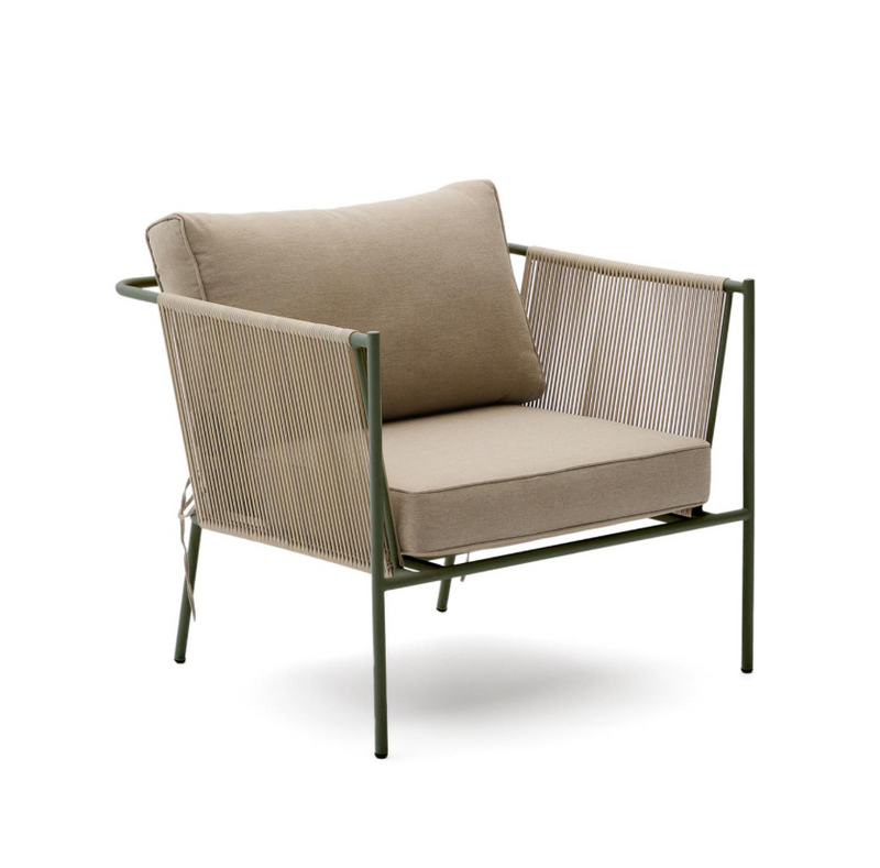 ZIVIA Outdoor armchair in ecru rope cord and green galvanised steel