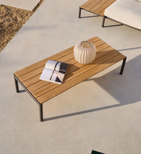 SORELLS coffee table in gray aluminum and teak wood 63 x 144,6 cm FSC 100%