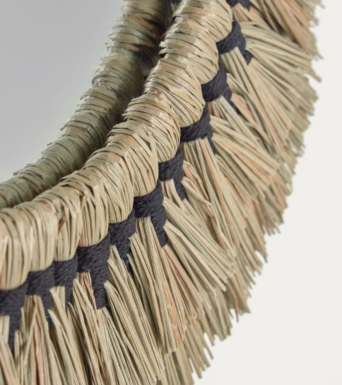 AKILA okruglo ogledalo izrađeno od bež prirodnih vlakana i crnog pamučnog konopca, 60 cm