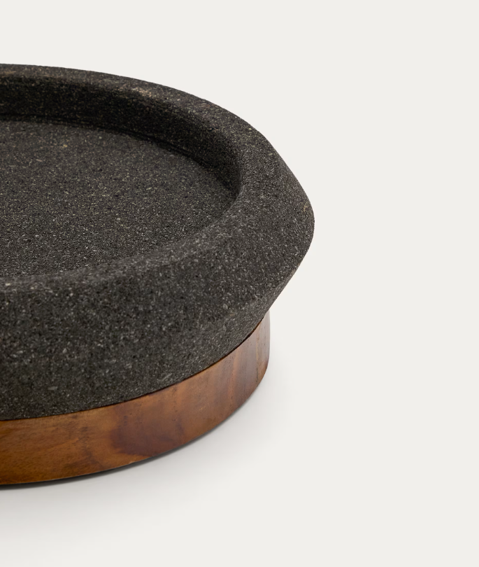 NARO centrepiece in black stone and teak wood Ø30cm