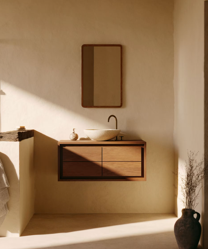 KENTA Bathroom furniture in solid teak wood with a walnut finish