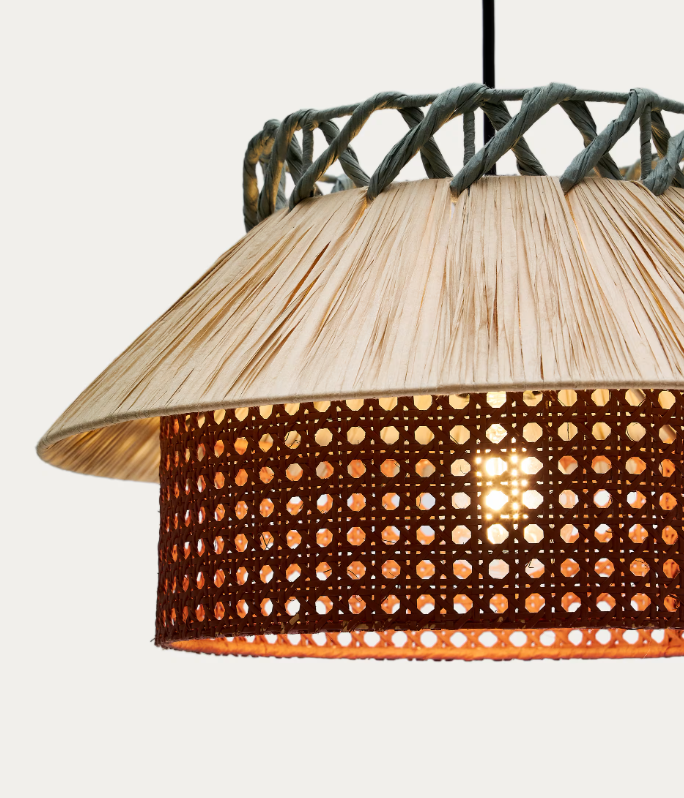 PULMI Stropna lampa od rafije u prirodnoj, terakota i plavoj boji, Ø 40 cm