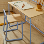 TINN ash veneer chair with a blue metal structure