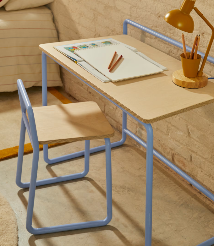TINN ash veneer desk with a blue metal structure, 82 x 45 cm
