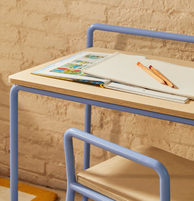 TINN ash veneer desk with a blue metal structure, 82 x 45 cm