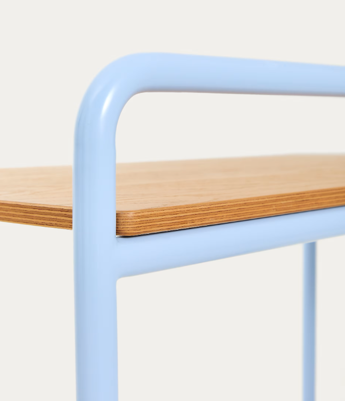 TINN ash veneer desk with a blue metal structure, 82 x 45 cm
