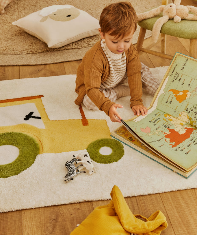 PECKY Bež, 100% pamučni tepih s motivom traktora, 90 x 150 cm