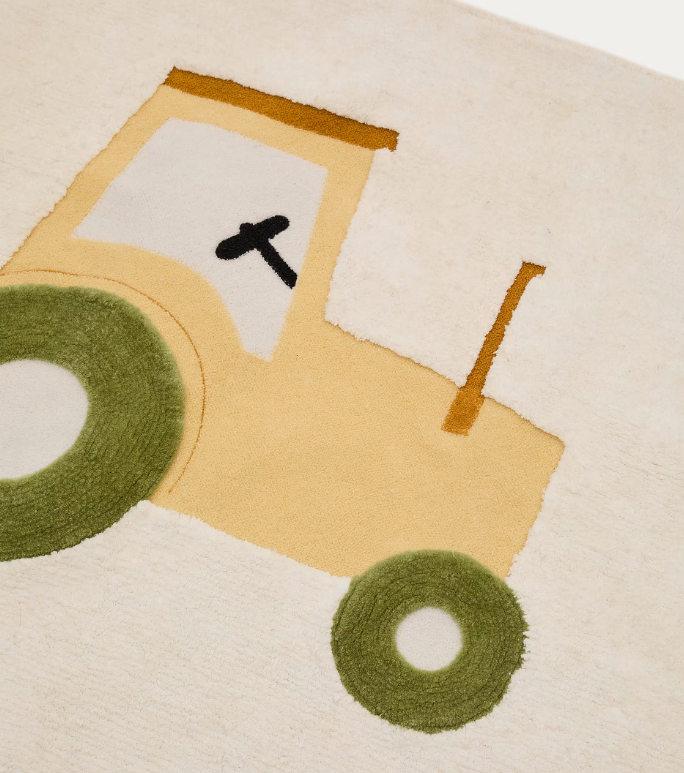 PECKY Bež, 100% pamučni tepih s motivom traktora, 90 x 150 cm