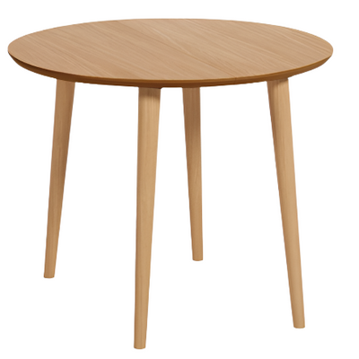 OQUI Extendable round table in MDF oak veneer and solid wood legs, 90 (170) x 90 cm