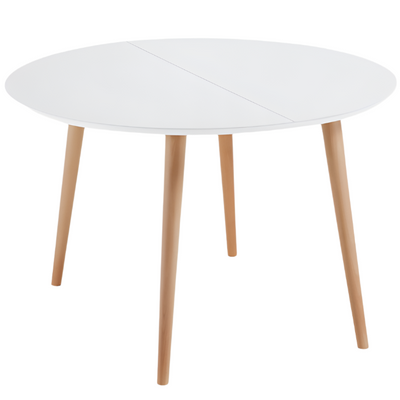 OQUI  Round extendable MDF table with white lacquer and solid beech legs 120(200)x120 cm