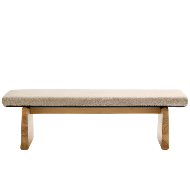 TOPAZ Bench in beige chenille and FSC 100% solid ash wood in a natural finish, 150 cm