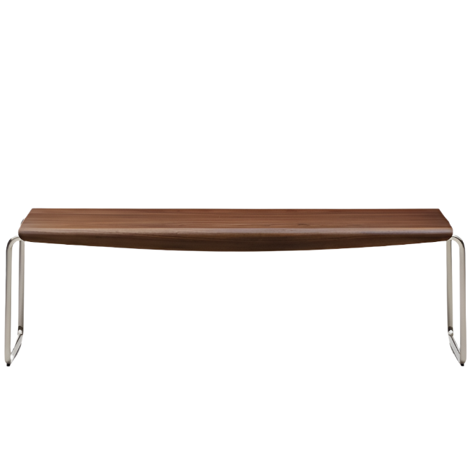 TARSEL Bench in FSC 100% walnut veneer with brushed stainless steel structure 142cm