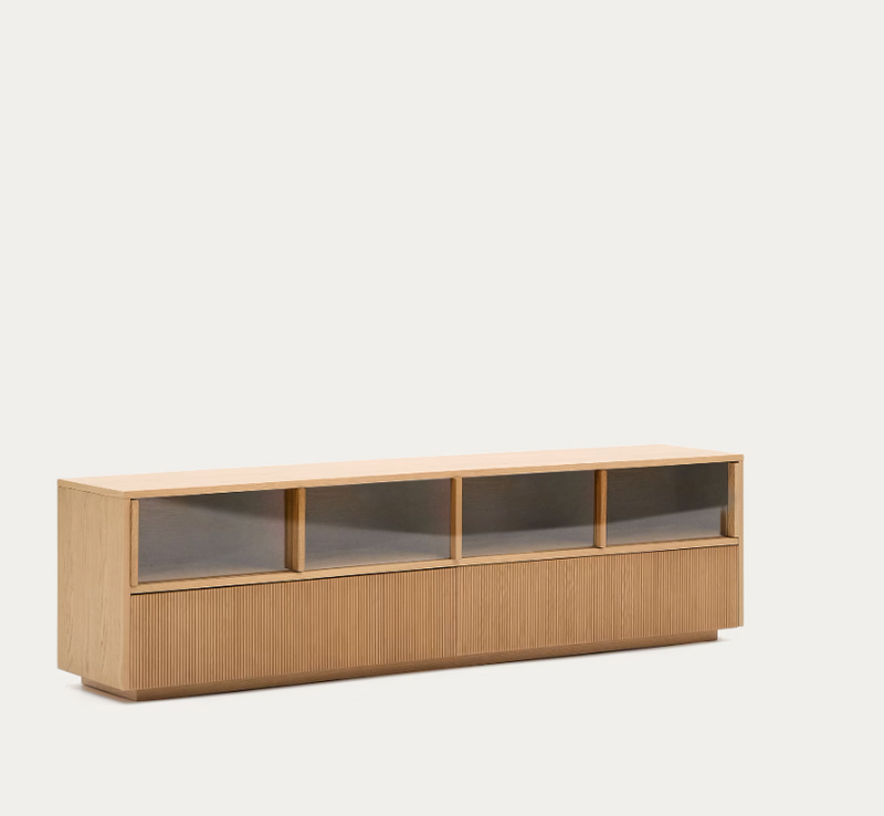 HELVINE TV komodica s 4 vrata i 2 ladice, hrastov furnir i kaljeno staklo, 200 x 54 cm, FSC 100%