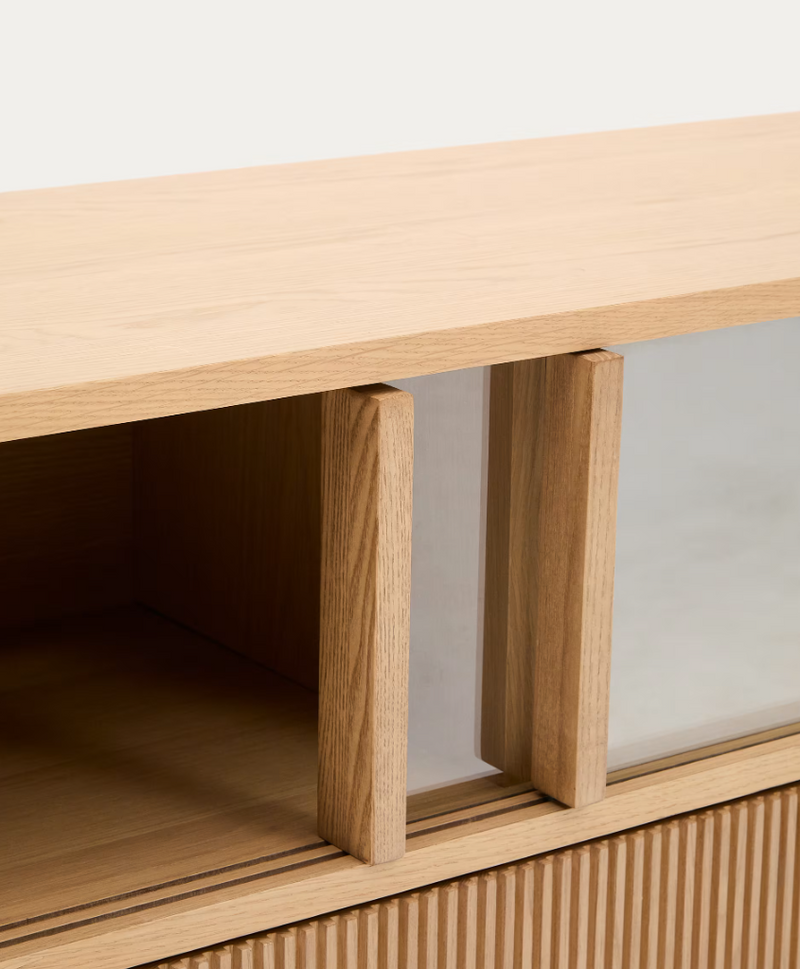 HELVINE TV komodica s 4 vrata i 2 ladice, hrastov furnir i kaljeno staklo, 200 x 54 cm, FSC 100%