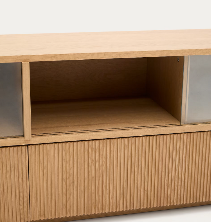 HELVINE TV komodica s 4 vrata i 2 ladice, hrastov furnir i kaljeno staklo, 200 x 54 cm, FSC 100%