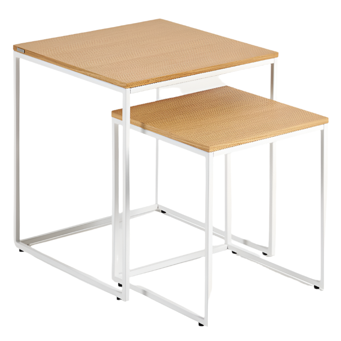 YOANA Set of 2 nesting side tables with oak wood veneer and painted white metal structure