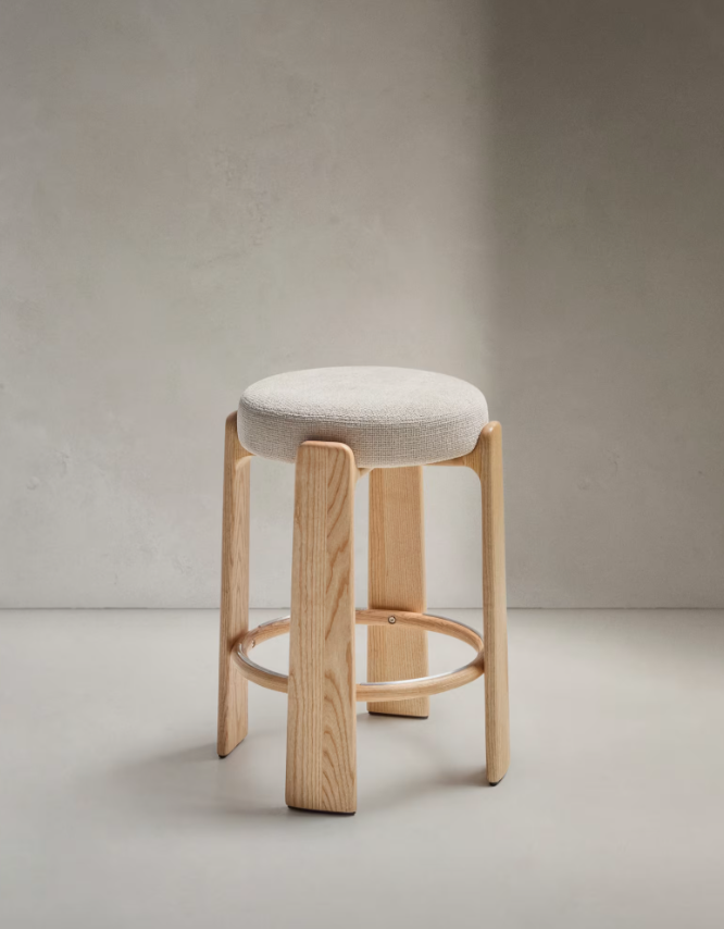 GRANITE Stool in beige chenille and solid ash wood with natural tone finish FSC 100% 65cm