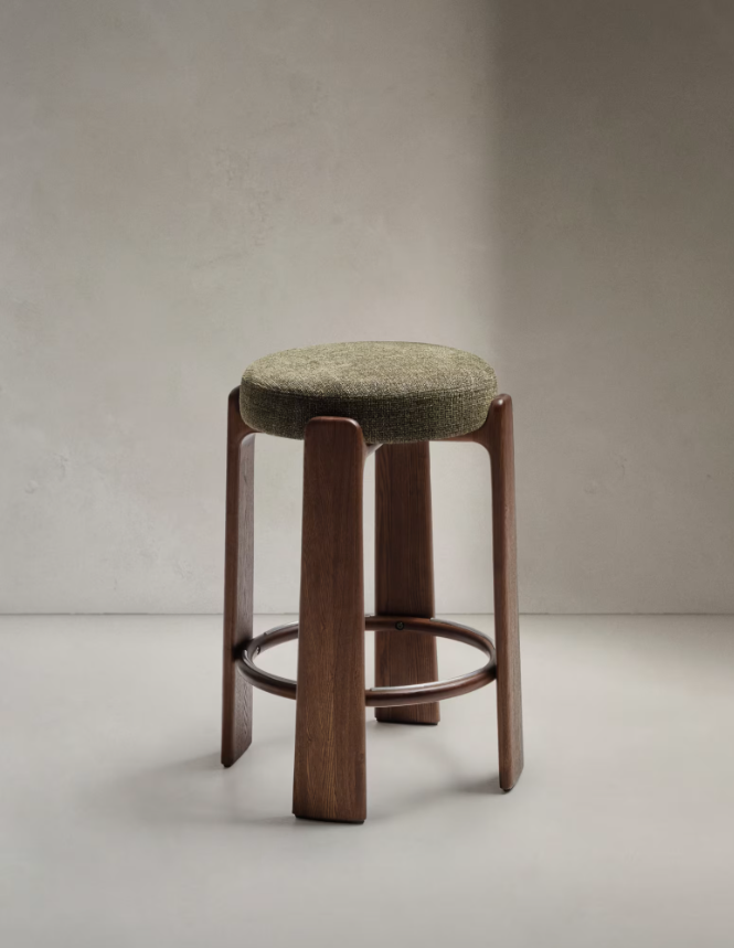 GRANITE Visoki stolac od zelenog šenila i masivnog jasena s završnom obradom boje oraha FSC 100% 75 cm