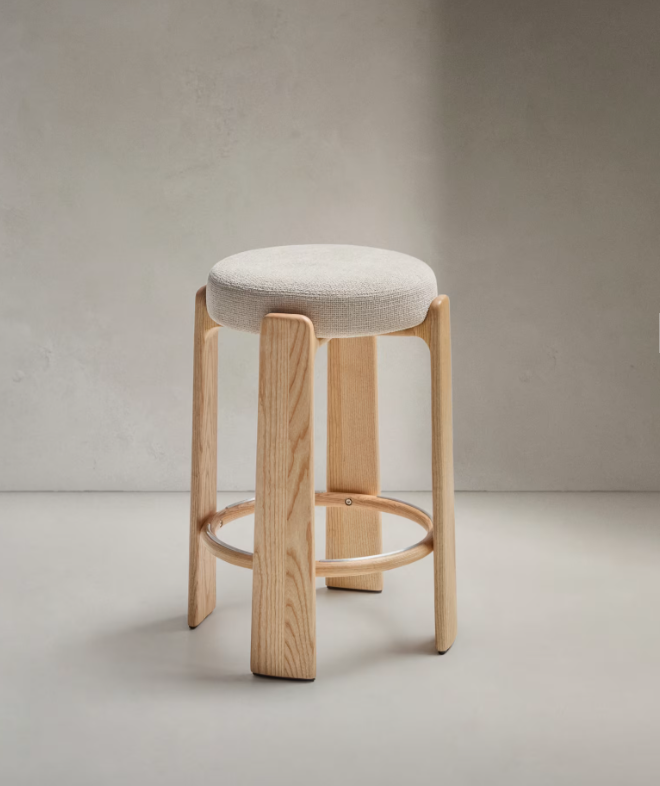 GRANITE Stool in beige chenille and solid ash wood with natural tone finish FSC 100% 75cm
