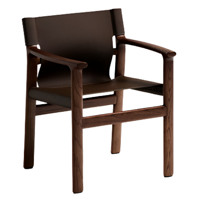 JAN Chair made of dark brown recycled leather fibres and FSC 100% solid ash wood with walnut-coloured finish