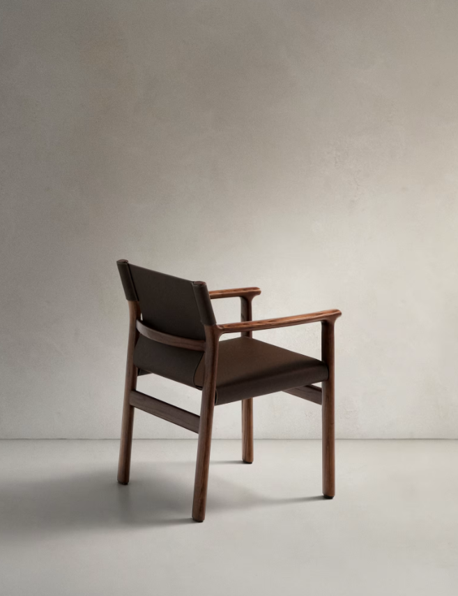 JAN Chair made of dark brown recycled leather fibres and FSC 100% solid ash wood with walnut-coloured finish