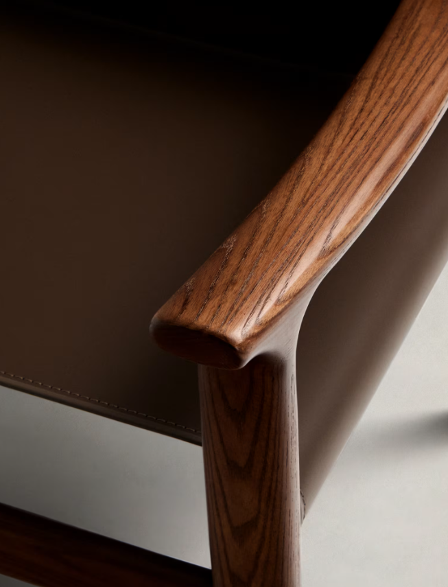 JAN Chair made of dark brown recycled leather fibres and FSC 100% solid ash wood with walnut-coloured finish