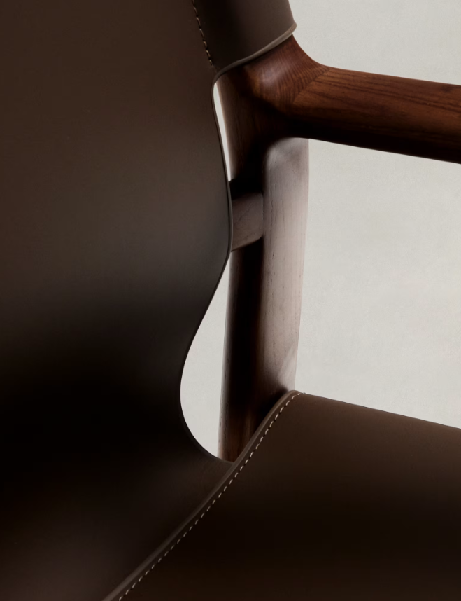 JAN Chair made of dark brown recycled leather fibres and FSC 100% solid ash wood with walnut-coloured finish