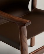 JAN Chair made of dark brown recycled leather fibres and FSC 100% solid ash wood with walnut-coloured finish