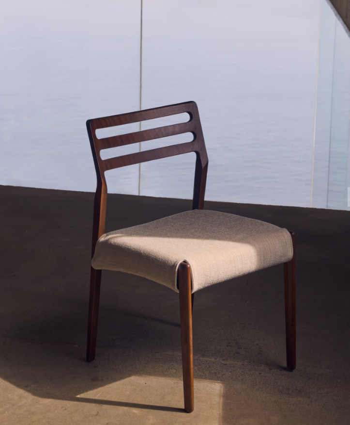 CUDIA Chair removable cover in beige chenille solid oak wood walnut finish FSC Mix Credit