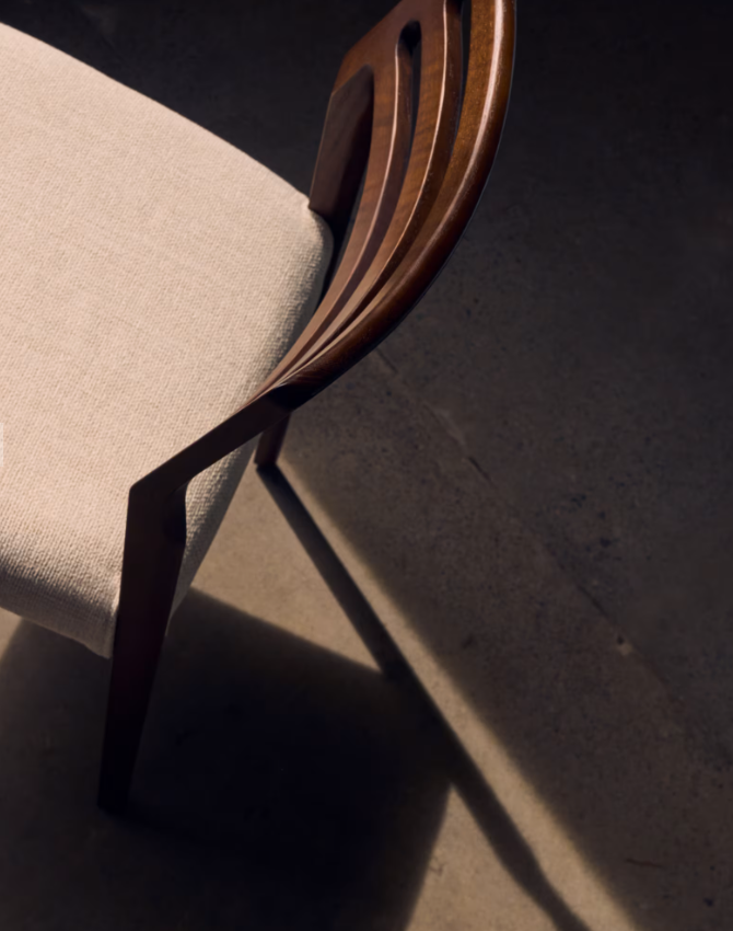 CUDIA Chair removable cover in beige chenille solid oak wood walnut finish FSC Mix Credit