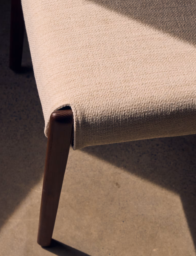 CUDIA Chair removable cover in beige chenille solid oak wood walnut finish FSC Mix Credit