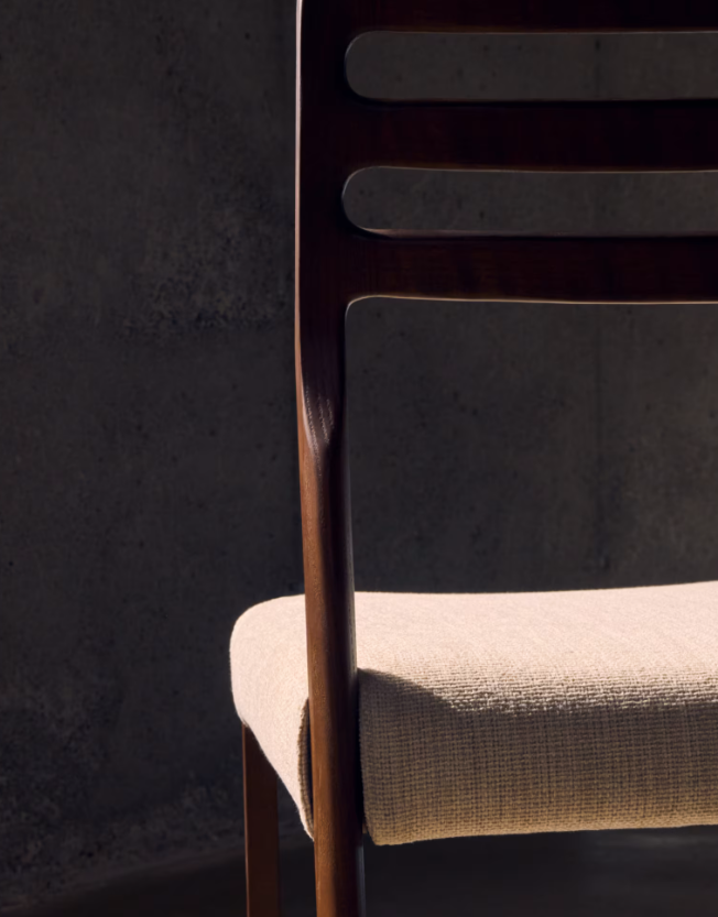 CUDIA Chair removable cover in beige chenille solid oak wood walnut finish FSC Mix Credit