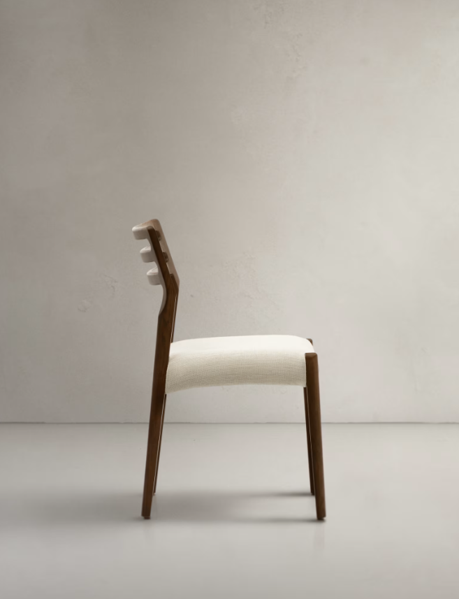 CUDIA Chair removable cover in beige chenille solid oak wood walnut finish FSC Mix Credit