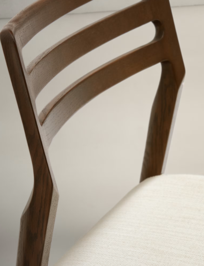 CUDIA Chair removable cover in beige chenille solid oak wood walnut finish FSC Mix Credit