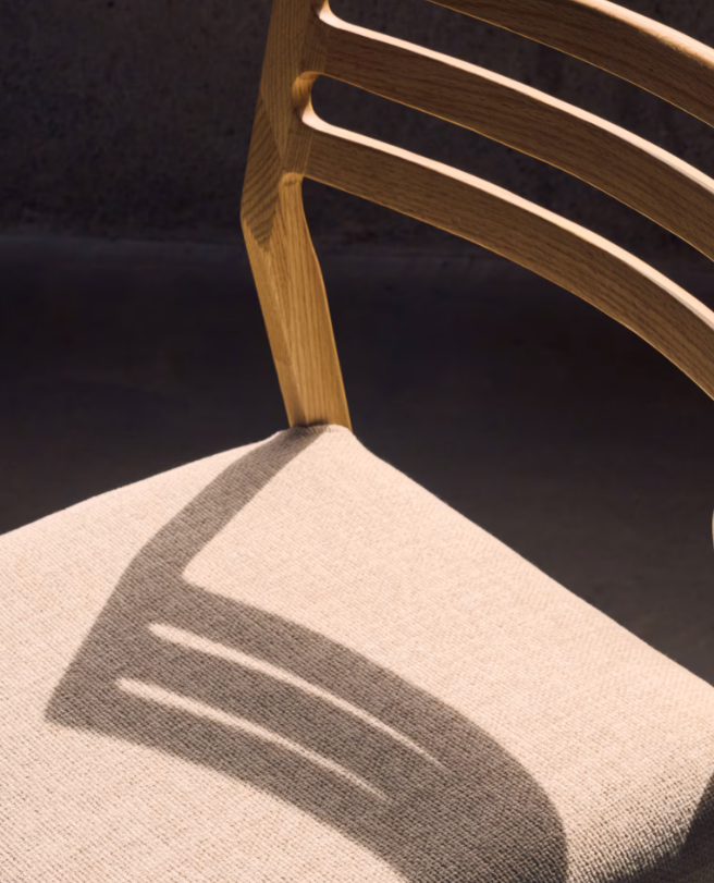 CUDIA Chair removable cover in beige chenille solid oak wood natural finish FSC Mix Credit