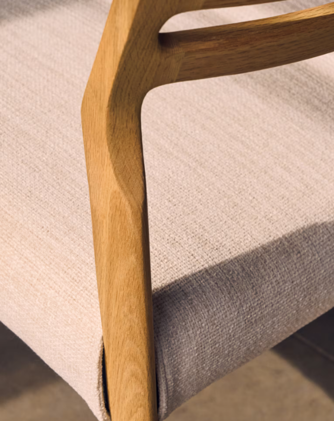 CUDIA Chair removable cover in beige chenille solid oak wood natural finish FSC Mix Credit