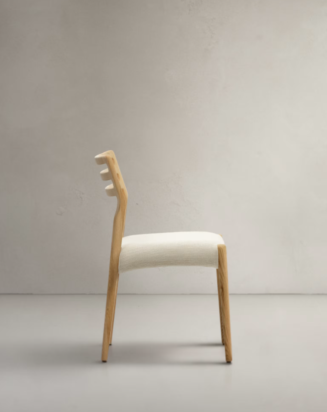 CUDIA Chair removable cover in beige chenille solid oak wood natural finish FSC Mix Credit