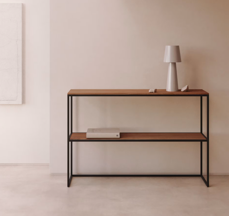 YOANA Konzolni stolić s furnirom od oraha i obojenom crnom metalnom konstrukcijom, 120 x 80 cm