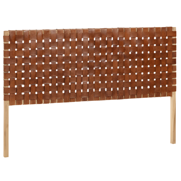 CALIXTA Solid teak wood and leather headboard, for 150 cm beds