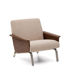 AMSEN light brown armchair in walnut plywood with legs in brushed stainless steel