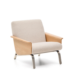 AMSEN beige armchair in oak plywood with legs in brushed stainless steel