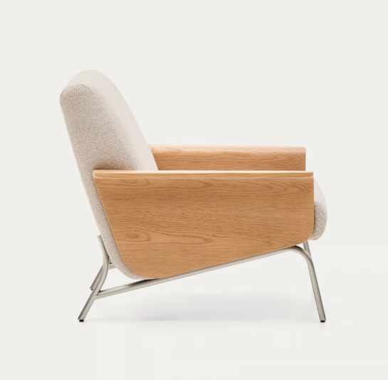 AMSEN Bež fotelja od hrastove šperploče s nogama od brušenog nehrđajućeg čelika