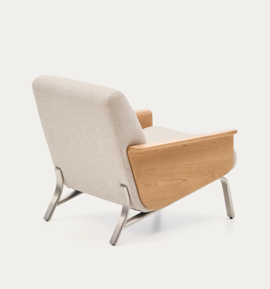 AMSEN Bež fotelja od hrastove šperploče s nogama od brušenog nehrđajućeg čelika