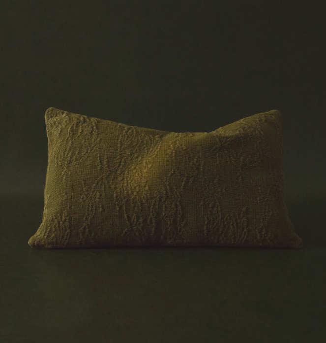 VELINA Cushion cover in green washed linen jacquard with floral design 30 x 50 cm