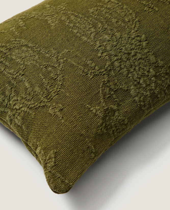 VELINA Cushion cover in green washed linen jacquard with floral design 30 x 50 cm