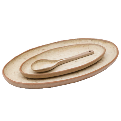 ZUNEL Set of 2 beige ceramic plates and 1 spoon