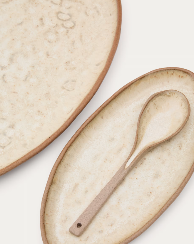 ZUNEL Set of 2 beige ceramic plates and 1 spoon