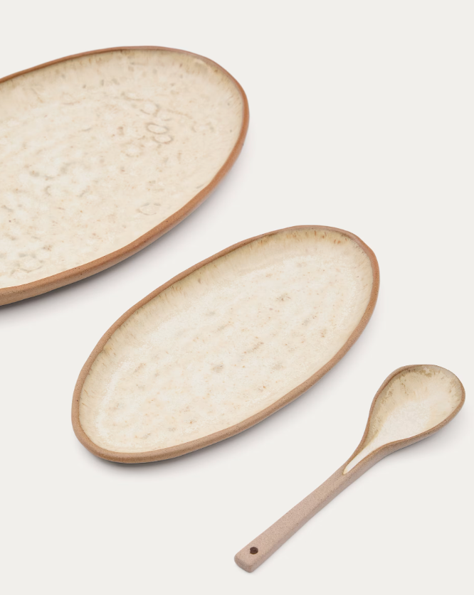ZUNEL Set of 2 beige ceramic plates and 1 spoon
