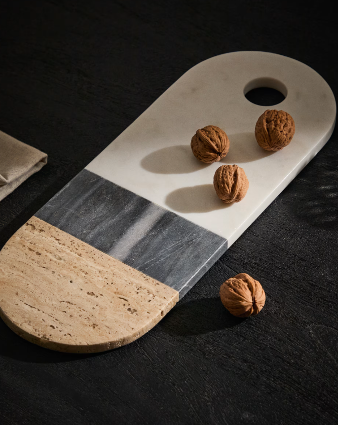 NIVOL Large serving board in white and black marble and travertine