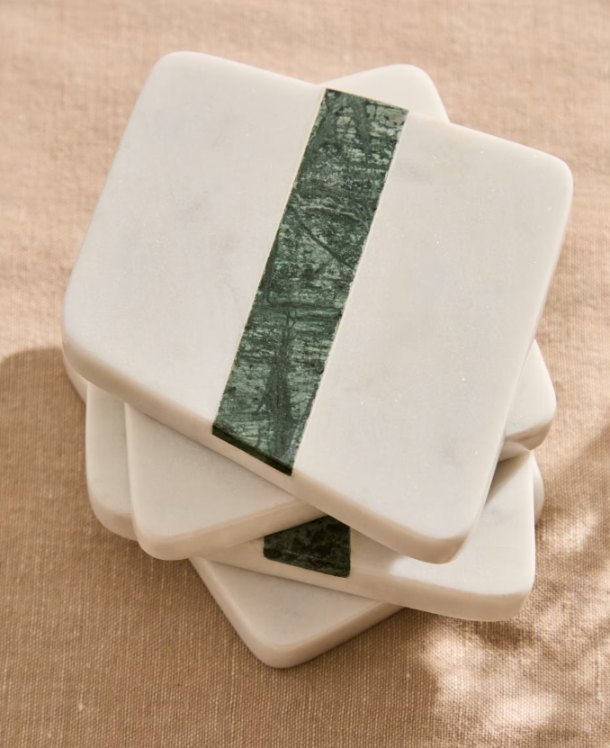 NIRA Set of 4 white and green marble coasters